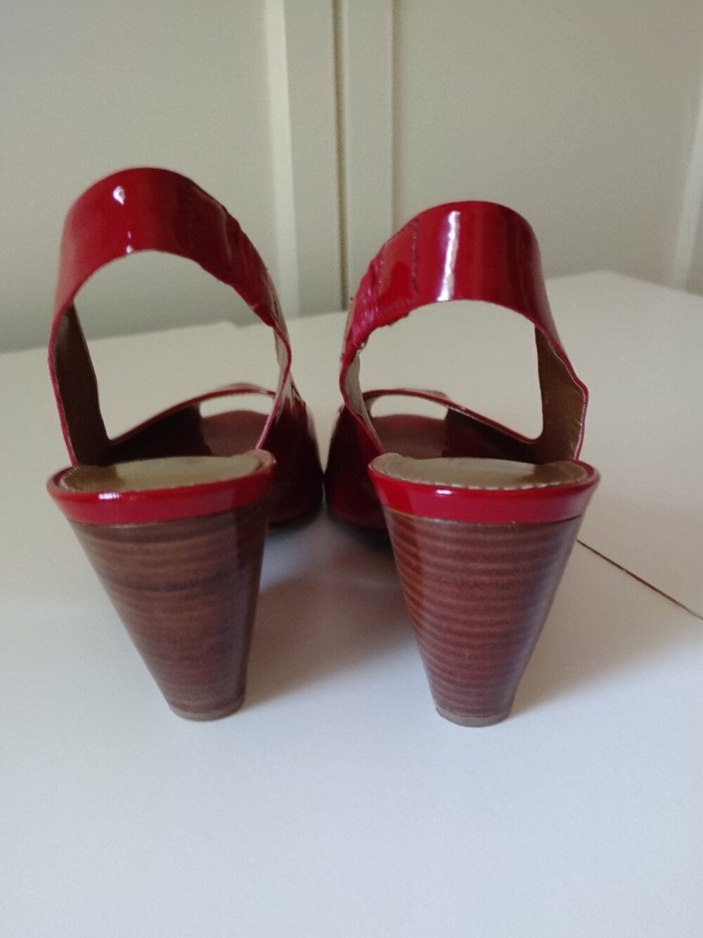 Franco Sarto Red Patent Leather Wedge Slingback Peeptoes, Size 8 - Picture 6 of 10